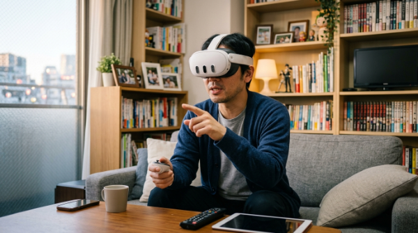無修正VRを始めるための手順を説明する男性