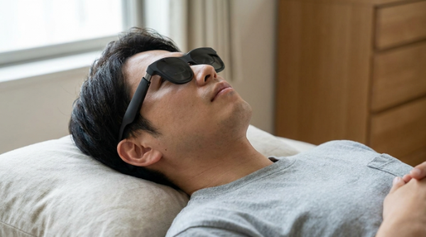 Xreal Air 2を装着して仰向けになっているイメージ写真